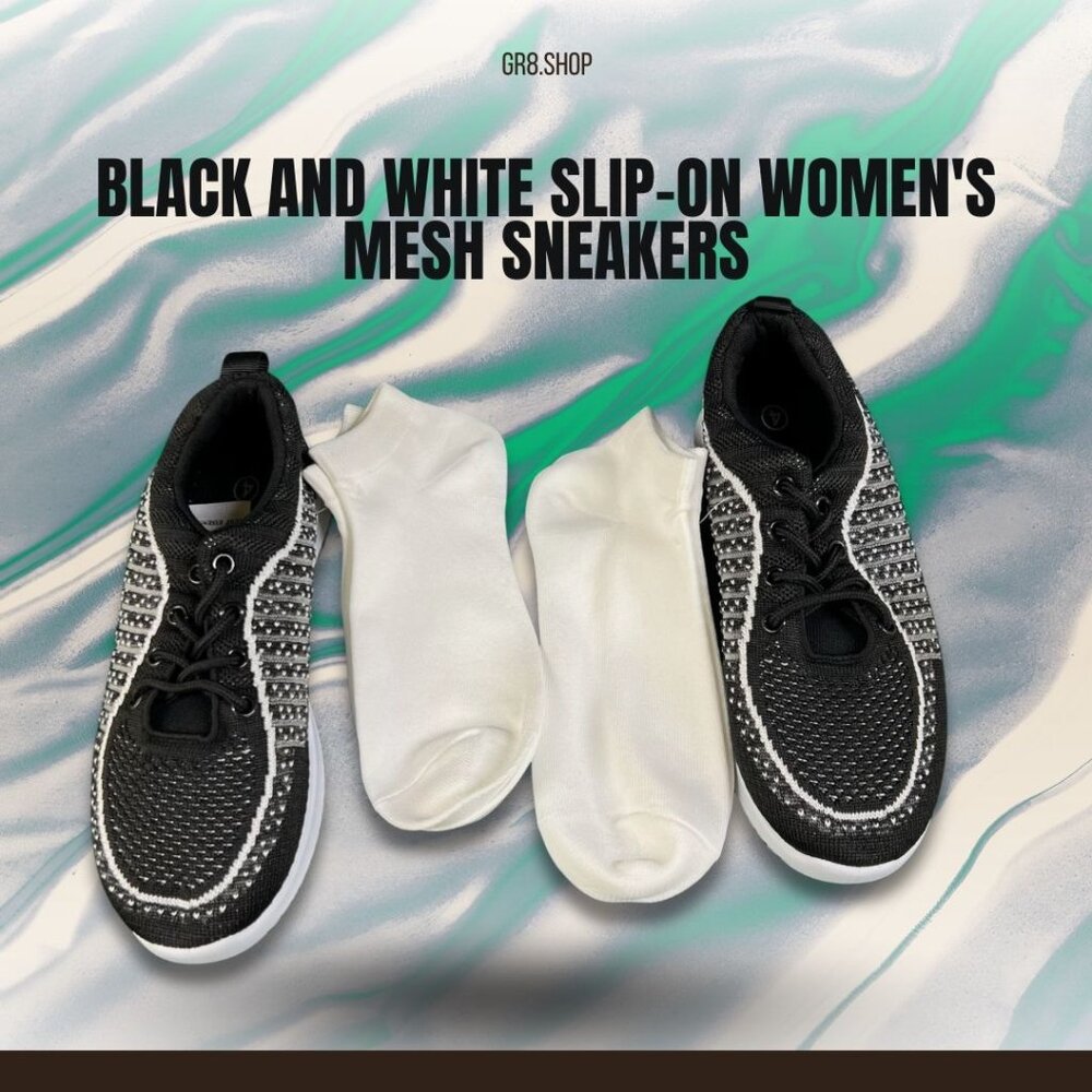 Black And White Slip-On WomenS Mesh Sneakers With Matching Socks Athletic Footwe